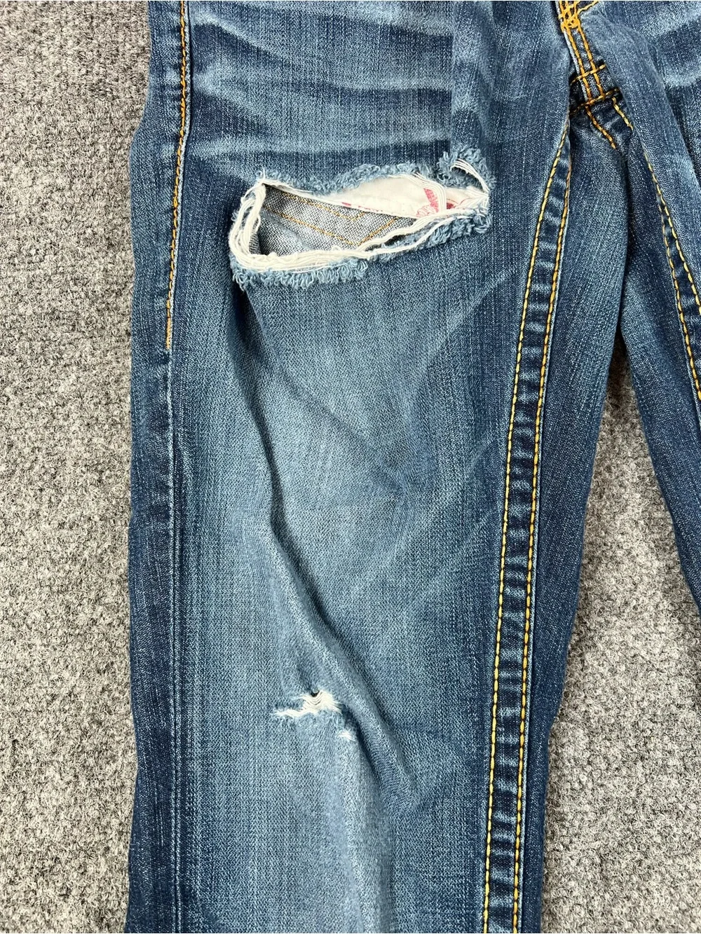 True Religion Dark Blue Denim Jeans with Yellow Contrast Stitching